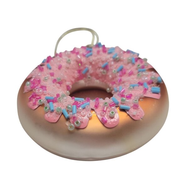 Donut-Shaped Glass Christmas Tree Ornament With Pink Frosting Sprinkles - Picture 2 of 8